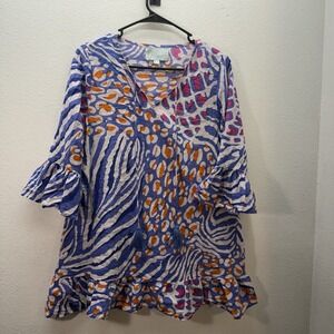 One Summer Tropical Tunic Dress Artsy Vacation Floral Resort Wear Cover Up SZ S